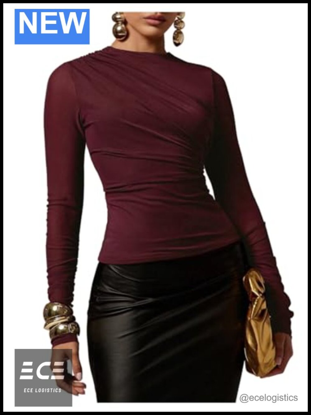 Elegant Long Sleeve Mesh Top Mock Neck Ruched Fitted Shirt